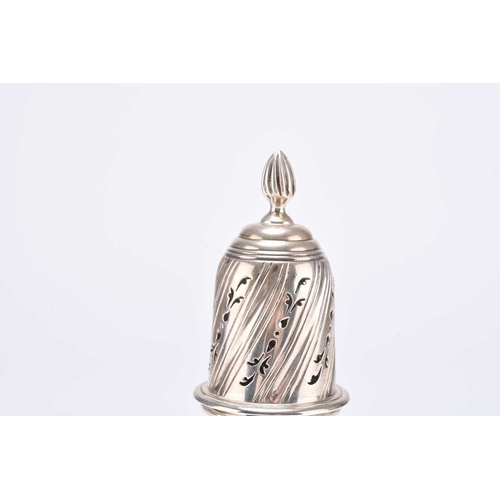 23 - A late Victorian silver sugar caster, J.G, London 1900, with embossed scroll and flower decoration, ... 