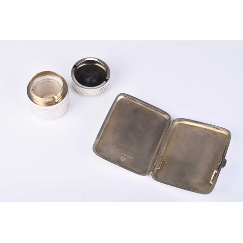 25 - A silver cigarette case and a silver travelling ink pot, the cigarette case with engine turned rayed... 