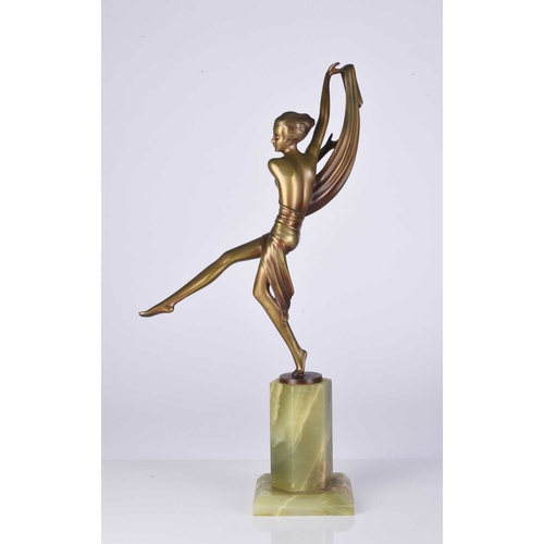 106 - Josef Lorenzl (Austrian, 1892-1950) Art deco gilt bronze of a female scarf dancer balancing on one f... 