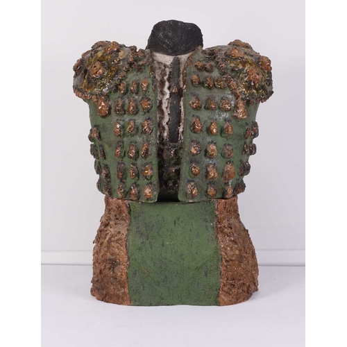 110 - A Spanish tin glazed toreador torso, with traditional traje de luces jacket in green, unsigned Appro... 