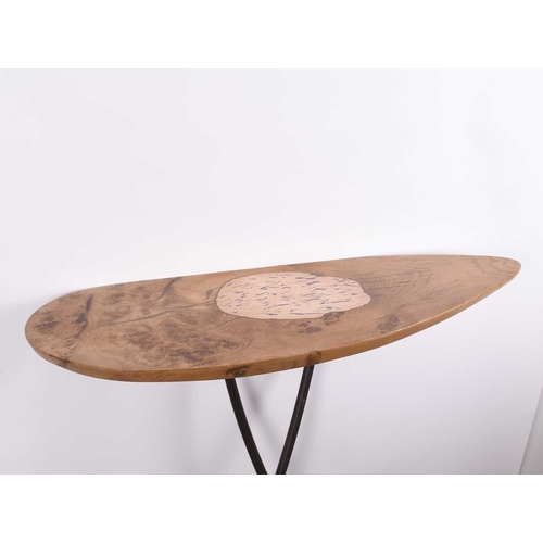 113 - Philip Hearsey (b.1946) Challenge Local Lazy Table, oak and steel lean-to table, with inset bronze f... 