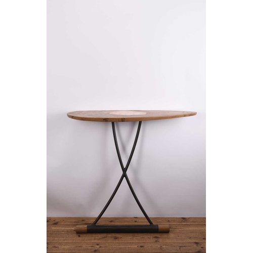 113 - Philip Hearsey (b.1946) Challenge Local Lazy Table, oak and steel lean-to table, with inset bronze f... 