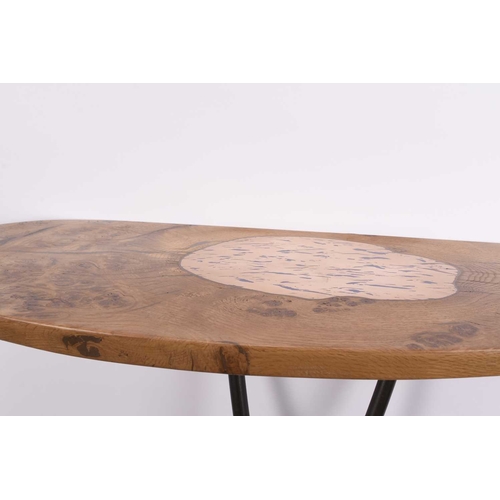 113 - Philip Hearsey (b.1946) Challenge Local Lazy Table, oak and steel lean-to table, with inset bronze f... 