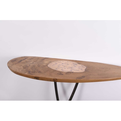 113 - Philip Hearsey (b.1946) Challenge Local Lazy Table, oak and steel lean-to table, with inset bronze f... 