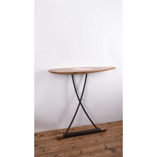 113 - Philip Hearsey (b.1946) Challenge Local Lazy Table, oak and steel lean-to table, with inset bronze f... 