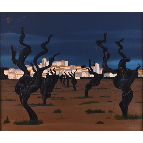 12 - Jean Savi-Leojac (French 1927-1989) Minervois, surrealist landscape with town beyond, signed lower r... 