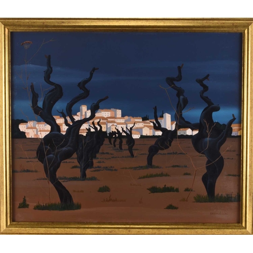 12 - Jean Savi-Leojac (French 1927-1989) Minervois, surrealist landscape with town beyond, signed lower r... 