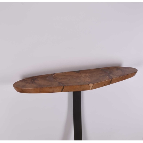 123 - Philip Hearsey (b.1946) Monoleg yew lean-to table, book matched yew top, with resin bound reclaimed ... 