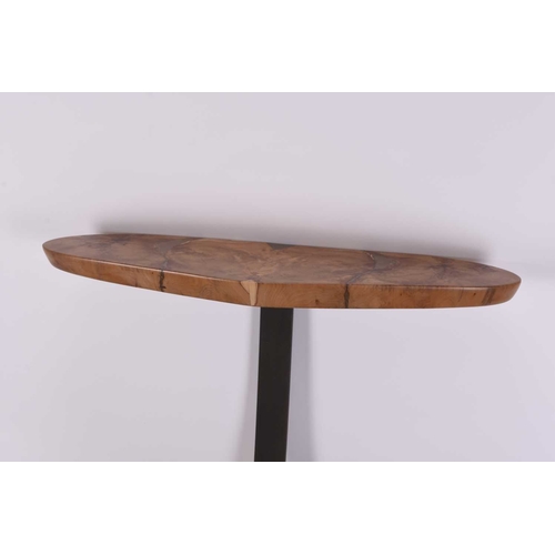 123 - Philip Hearsey (b.1946) Monoleg yew lean-to table, book matched yew top, with resin bound reclaimed ... 