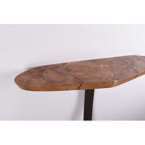 123 - Philip Hearsey (b.1946) Monoleg yew lean-to table, book matched yew top, with resin bound reclaimed ... 