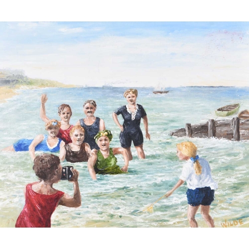 16 - Fred Wilde (1910-1986) One For Posterity, Bathers in the Sea, signed lower right, oil on canvas, 51 ... 