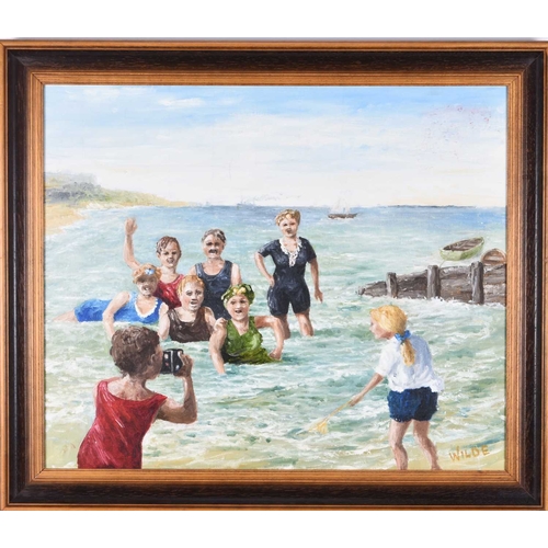 16 - Fred Wilde (1910-1986) One For Posterity, Bathers in the Sea, signed lower right, oil on canvas, 51 ... 