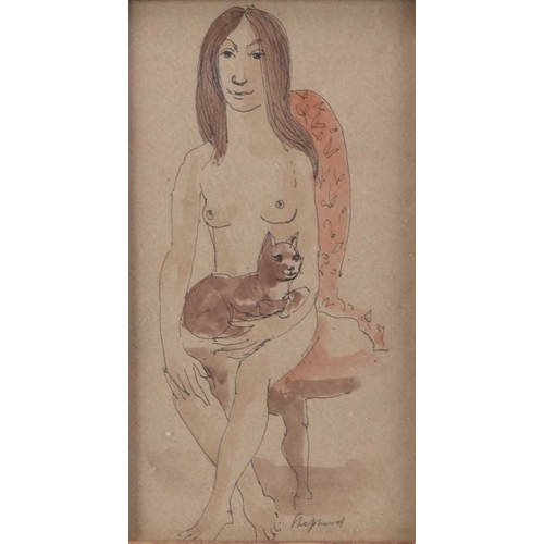 37 - Sidney D'Horne Shepherd (Scottish, 1909-1993) Nude woman seated with a cat on her lap, signed in pen... 