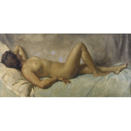 43 - S Kardinof (20th Century) Repose, reclining nude woman, signed top right corner, oil on canvas, bear... 