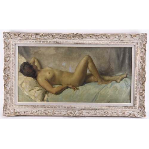 43 - S Kardinof (20th Century) Repose, reclining nude woman, signed top right corner, oil on canvas, bear... 