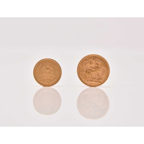 195 - A George V sovereign, dated 1911, together with Mexico five pesos, dated 1920 (2)