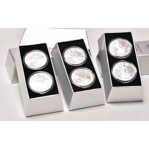 208 - USA, six proof silver 1oz fine silver American Eagle silver dollars, dated 2007, 2008 and 2014, all ... 