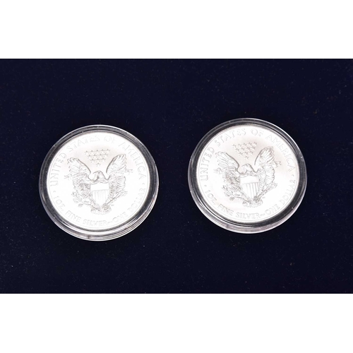 208 - USA, six proof silver 1oz fine silver American Eagle silver dollars, dated 2007, 2008 and 2014, all ... 