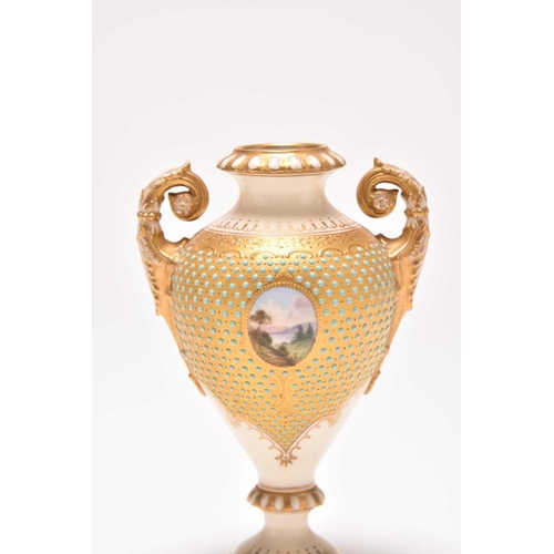 104 - A small Coalport 'jewelled' landscape vase, lacking cover, circa 1900, the gilt and ivory ground app... 