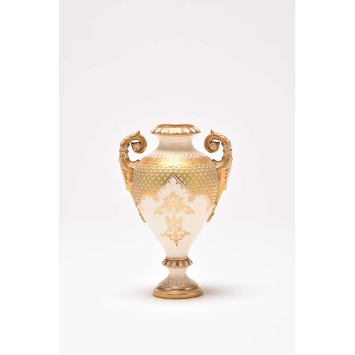 104 - A small Coalport 'jewelled' landscape vase, lacking cover, circa 1900, the gilt and ivory ground app... 