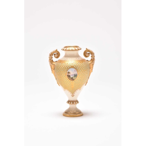 104 - A small Coalport 'jewelled' landscape vase, lacking cover, circa 1900, the gilt and ivory ground app... 