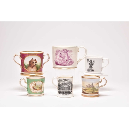 115 - A collection of Coalport mugs and loving cups, comprising: a large toasting mug, transfer-printed in... 