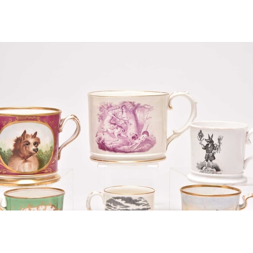 115 - A collection of Coalport mugs and loving cups, comprising: a large toasting mug, transfer-printed in... 