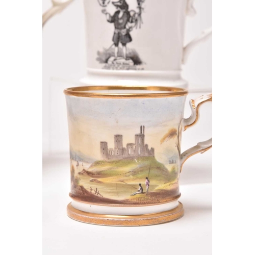 115 - A collection of Coalport mugs and loving cups, comprising: a large toasting mug, transfer-printed in... 