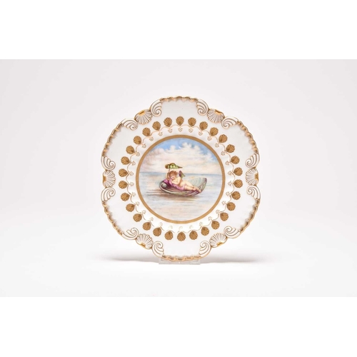 128 - An unusual Coalport plate, circa 1885-90, of circular form with shell-detailed edges in gilt, the ce... 