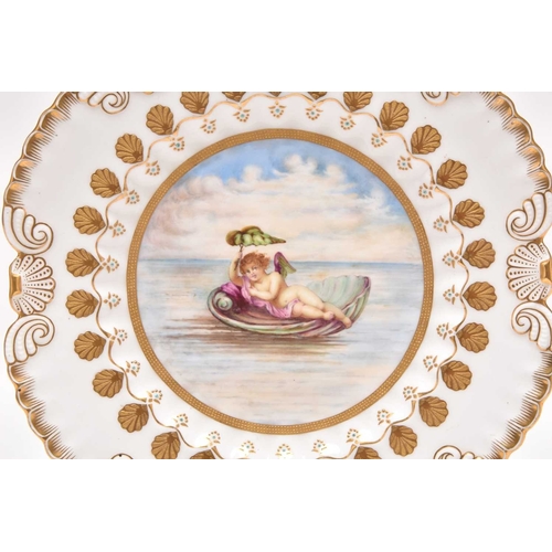 128 - An unusual Coalport plate, circa 1885-90, of circular form with shell-detailed edges in gilt, the ce... 