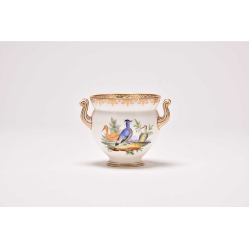 139 - A small Coalport twin-handled cup, mid-19th century, painted by John Randall with two scenes of bird... 