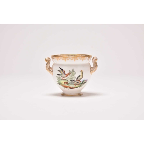 139 - A small Coalport twin-handled cup, mid-19th century, painted by John Randall with two scenes of bird... 