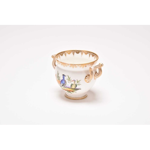 139 - A small Coalport twin-handled cup, mid-19th century, painted by John Randall with two scenes of bird... 