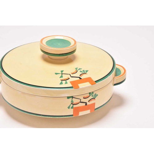 144 - A collection of Clarice Cliff Art Deco ceramics, comprising: A 'Ravel' Odilon circular tureen and co... 