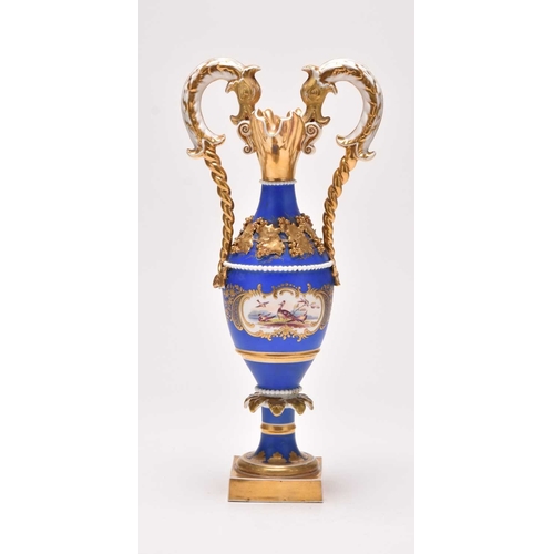 149 - A Chamberlain's (Worcester) ornamental twin-handled vase, circa 1820, the matt blue ground with appl... 