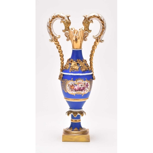 149 - A Chamberlain's (Worcester) ornamental twin-handled vase, circa 1820, the matt blue ground with appl... 