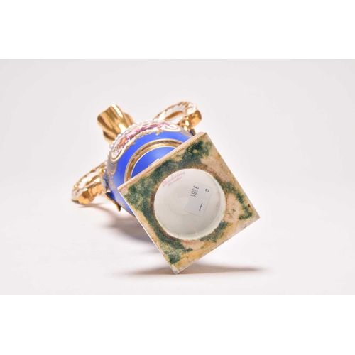 149 - A Chamberlain's (Worcester) ornamental twin-handled vase, circa 1820, the matt blue ground with appl... 