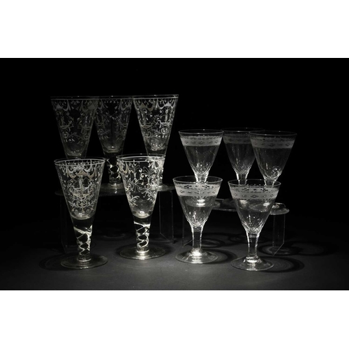 188 - A set of six goblets, 20th century, decorated in white enamel with ribbons, vases, angel's heads and... 