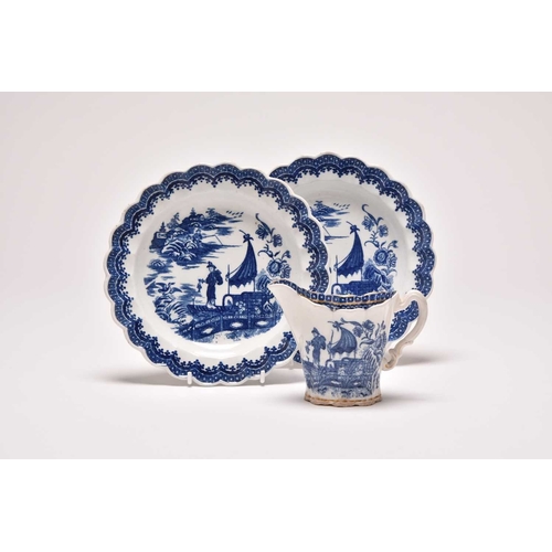 5 - A pair of Caughley 'Fisherman' pattern lobed dessert plates, circa 1780-8, transfer-printed in under... 