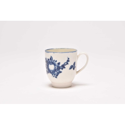 62 - A rare Caughley 'Stalked Fruit' coffee cup, circa 1775-78, transfer-printed in underglaze blue with ... 