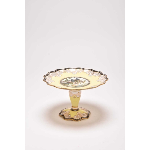 91 - A Coalport dessert comport, circa 1889-91, yellow ground with black border beaded in white enamel, c... 