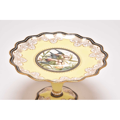 91 - A Coalport dessert comport, circa 1889-91, yellow ground with black border beaded in white enamel, c... 