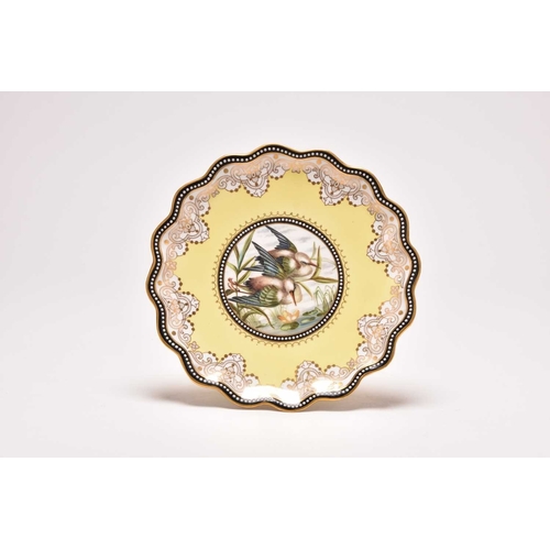 91 - A Coalport dessert comport, circa 1889-91, yellow ground with black border beaded in white enamel, c... 