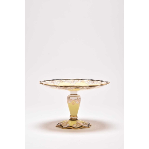 91 - A Coalport dessert comport, circa 1889-91, yellow ground with black border beaded in white enamel, c... 