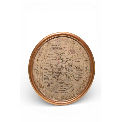 284 - A late 18th or early 19th century needlework map sampler The counties of England and Wales defined a... 
