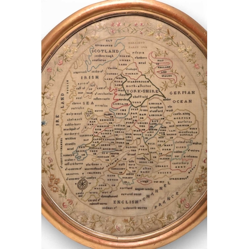 284 - A late 18th or early 19th century needlework map sampler The counties of England and Wales defined a... 