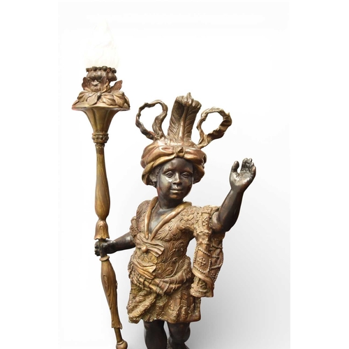 324 - A pair of reproduction bronze blackamoor torchere Modelled standing on rocky bases, wearing elaborat... 
