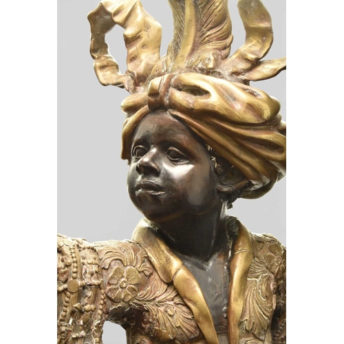 324 - A pair of reproduction bronze blackamoor torchere Modelled standing on rocky bases, wearing elaborat... 