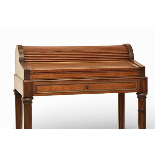 385 - A French brass inlaid mahogany bonheur de jour The sloping hinged top with brass moulding, opening t... 