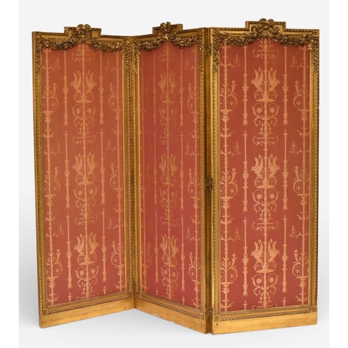 387 - A French giltwood Empire style three-fold room screen Late 19th century, each panel with moulded fra... 